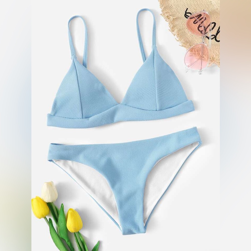 Rib Seam Detail Triangle Blue Bikini Size M